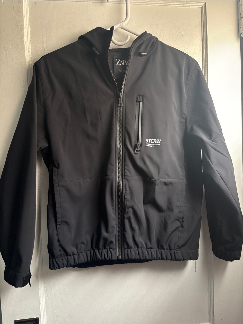 Zara Black Hooded Windbreaker Jacket with Chest Zip Pocket